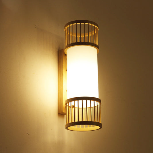 Cylinder Shade Wall Sconce Light Asian Style Bamboo 1-Head Wall Lamp in Beige for Stairway Clearhalo 'Modern wall lights' 'Modern' 'Wall Lamps & Sconces' 'Wall Lights' Lighting' 244197