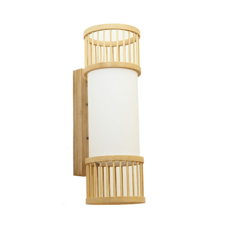 Cylinder Shade Wall Sconce Light Asian Style Bamboo 1-Head Wall Lamp in Beige for Stairway Beige Clearhalo 'Modern wall lights' 'Modern' 'Wall Lamps & Sconces' 'Wall Lights' Lighting' 244198