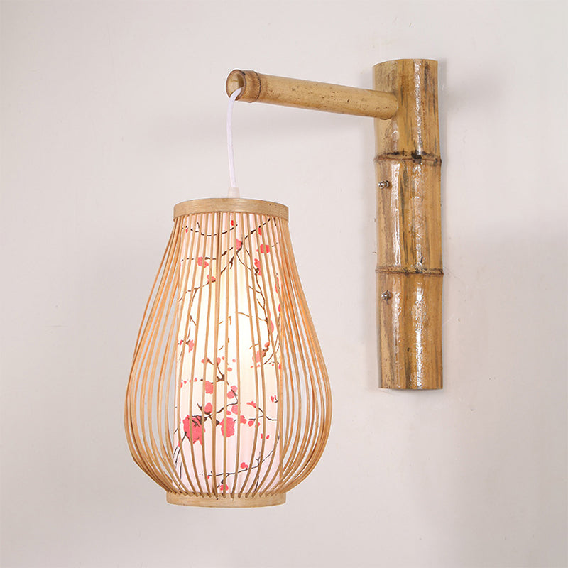 Asian Style Teardrop Sconce Light Bamboo 1 Light Indoor Beige Wall Lamp with Inner Cylindrical Shade Clearhalo 'Modern wall lights' 'Modern' 'Wall Lamps & Sconces' 'Wall Lights' Lighting' 244209