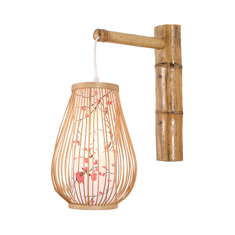 Asian Style Teardrop Sconce Light Bamboo 1 Light Indoor Beige Wall Lamp with Inner Cylindrical Shade Clearhalo 'Modern wall lights' 'Modern' 'Wall Lamps & Sconces' 'Wall Lights' Lighting' 244210