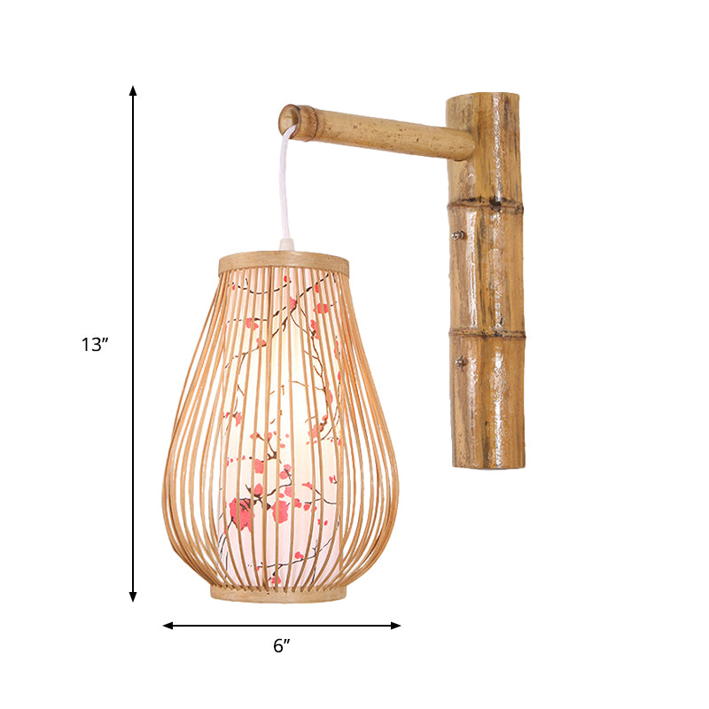 Asian Style Teardrop Sconce Light Bamboo 1 Light Indoor Beige Wall Lamp with Inner Cylindrical Shade Clearhalo 'Modern wall lights' 'Modern' 'Wall Lamps & Sconces' 'Wall Lights' Lighting' 244211