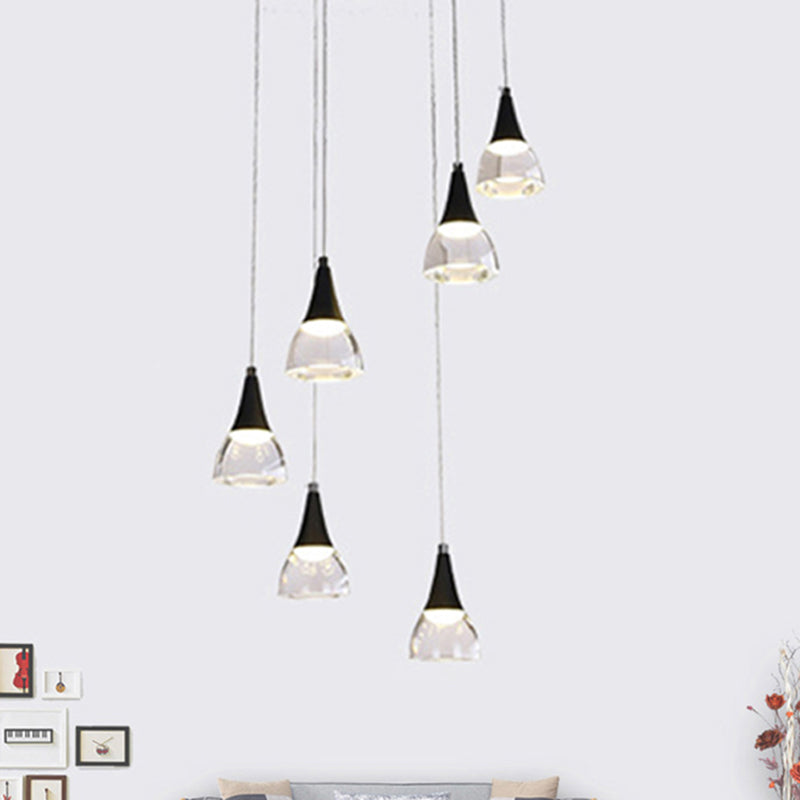 Conical Cluster Drop Pendant Modern Acrylic 5/6-Light Black Hanging Ceiling Light for Bedroom Living Room 6 Black Clearhalo 'Ceiling Lights' 'Modern Pendants' 'Modern' 'Pendant Lights' 'Pendants' Lighting' 244216