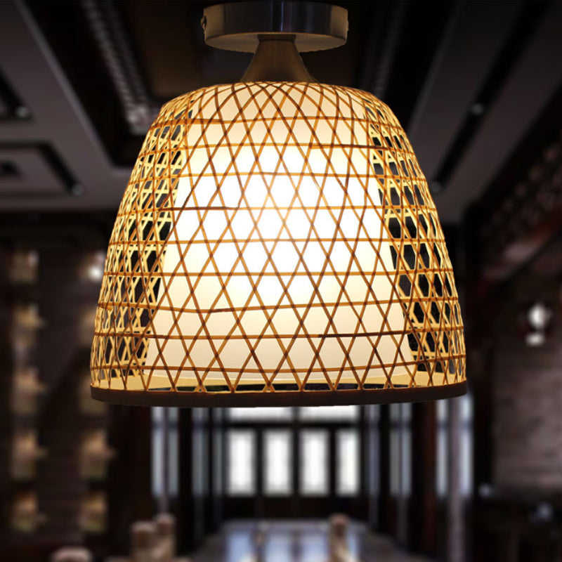 Asian Style Bucket Hanging Light Fixture with Cross Woven Design Bamboo 1 Bulb Bedroom Pendant Lamp Clearhalo 'Ceiling Lights' 'Pendant Lights' 'Pendants' Lighting' 244264