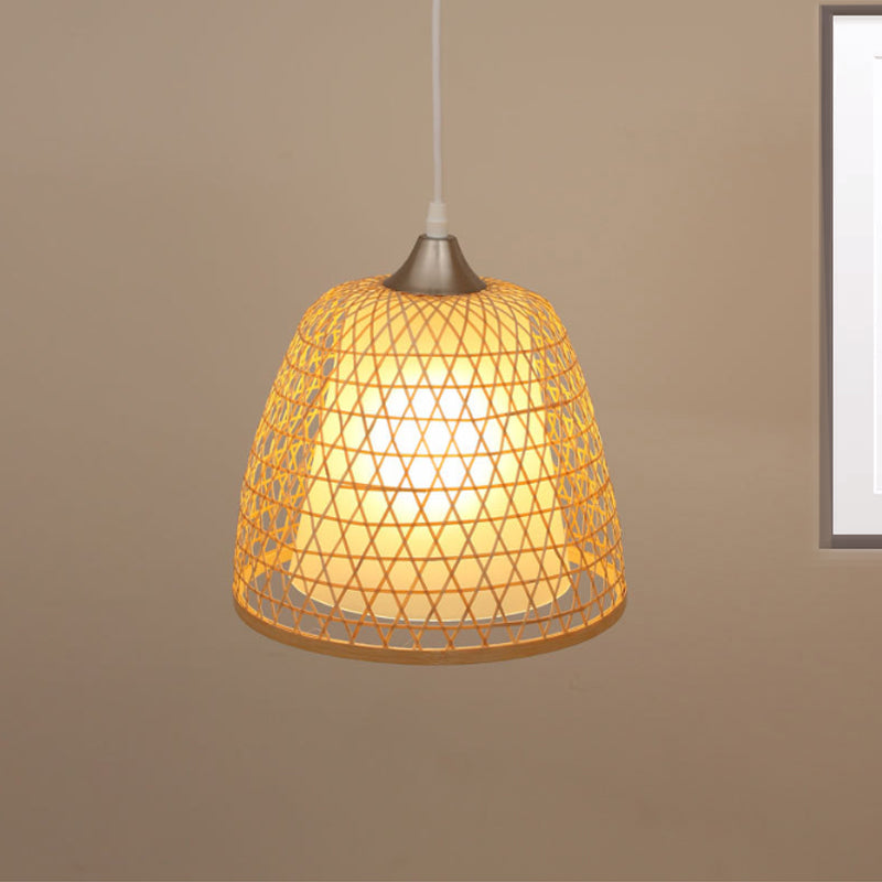 Asian Style Bucket Hanging Light Fixture with Cross Woven Design Bamboo 1 Bulb Bedroom Pendant Lamp Clearhalo 'Ceiling Lights' 'Pendant Lights' 'Pendants' Lighting' 244265