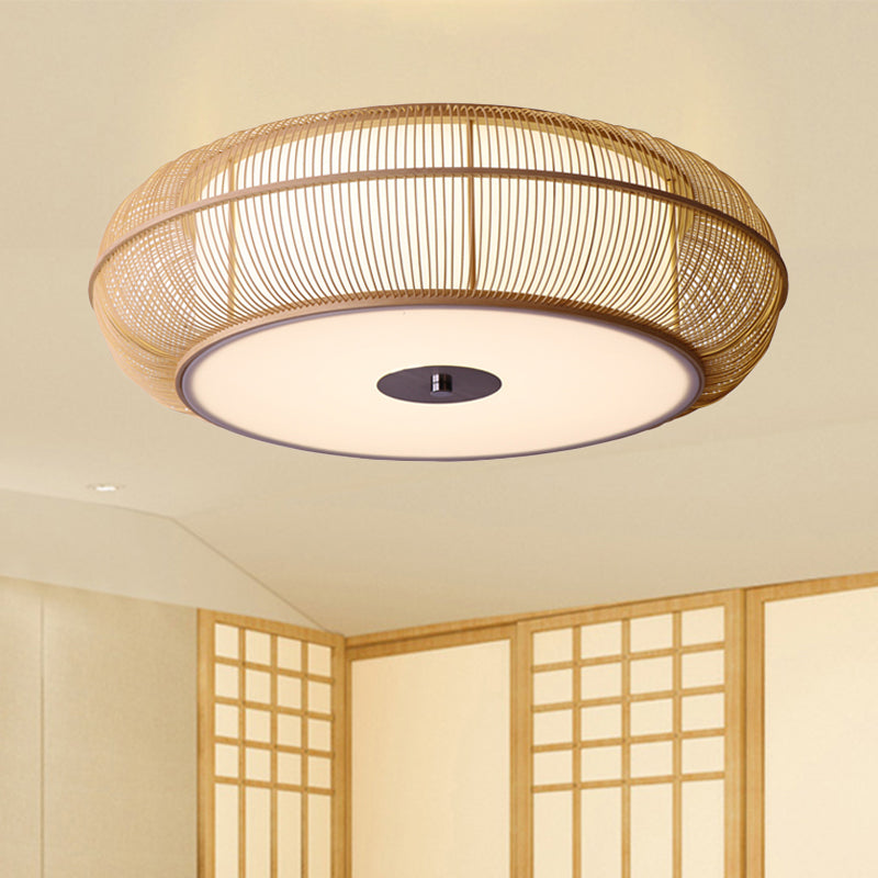 Round Bamboo Shade Flush Ceiling Light Asian Style 3/4 Lights Black/Wood Ceiling Mount Fixture for Bedroom, 18"/22" Dia Wood Clearhalo 'Ceiling Lights' 'Close To Ceiling Lights' 'Close to ceiling' 'Flush mount' Lighting' 244274