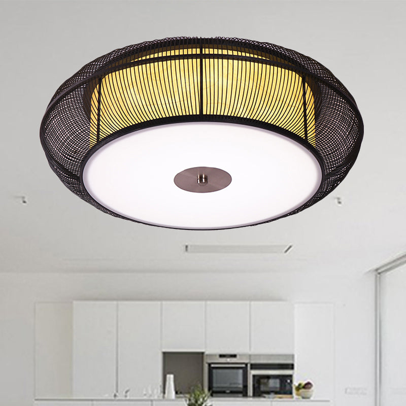 Round Bamboo Shade Flush Ceiling Light Asian Style 3/4 Lights Black/Wood Ceiling Mount Fixture for Bedroom, 18"/22" Dia Black Clearhalo 'Ceiling Lights' 'Close To Ceiling Lights' 'Close to ceiling' 'Flush mount' Lighting' 244276