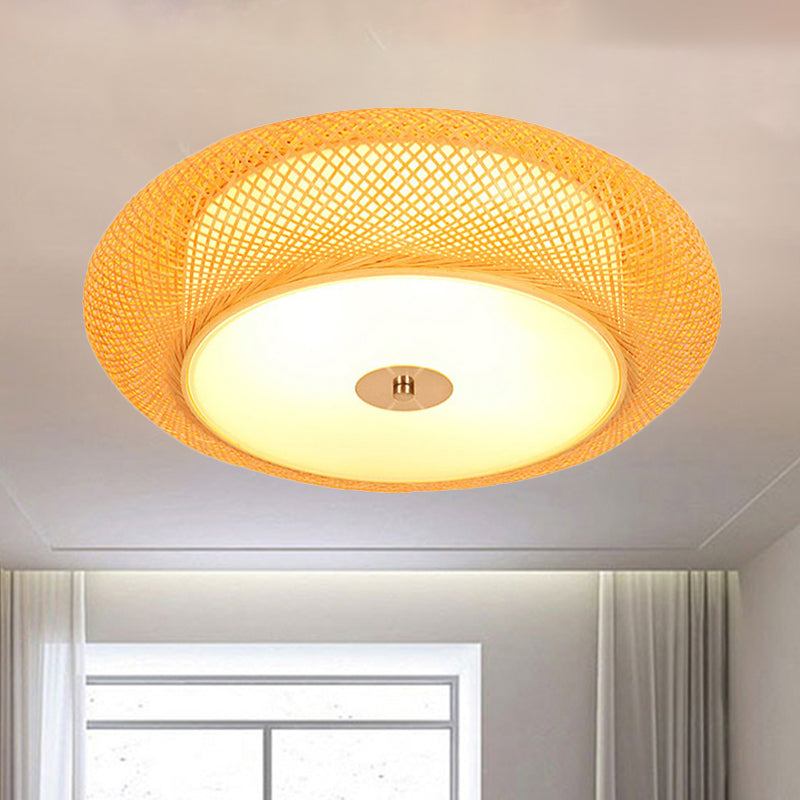 Asian Style Drum Flush Ceiling Light Bamboo LED Living Room Flushmount Light in Yellow, 16"/19.5" Width Clearhalo 'Ceiling Lights' 'Close To Ceiling Lights' 'Close to ceiling' 'Flush mount' Lighting' 244301