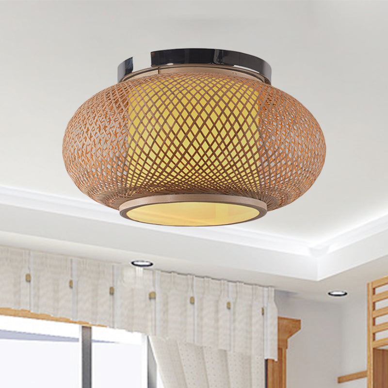 Yellow Lantern Shade Flush Light Contemporary Style 16"/19.5" Dia 1-Head Bamboo Ceiling Mounted Light for Living Room Yellow Clearhalo 'Ceiling Lights' 'Close To Ceiling Lights' 'Close to ceiling' 'Semi-flushmount' Lighting' 244324