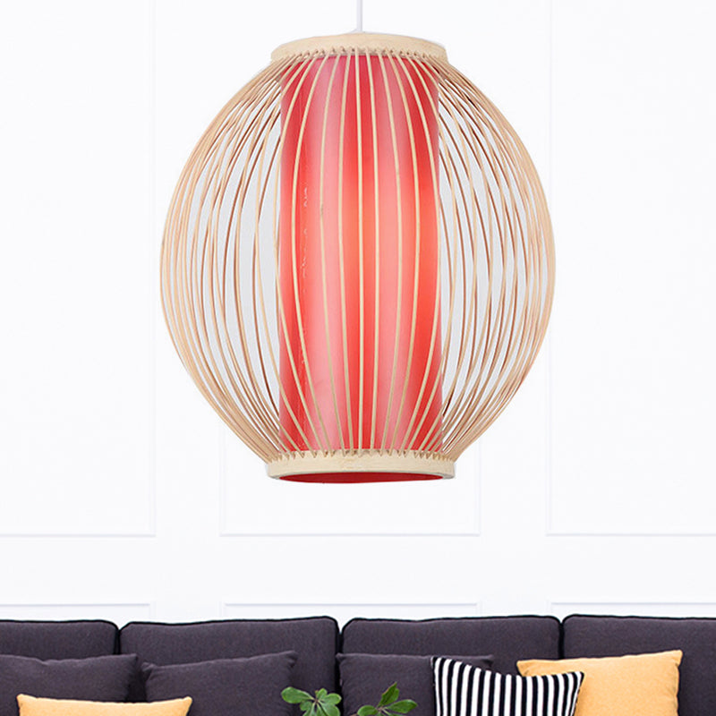 Global Kitchen Hanging Light Fixture Bamboo 1 Light Chinese Style Suspension Lamp with Inner Red Cylinder Shade Red Clearhalo 'Ceiling Lights' 'Modern Pendants' 'Modern' 'Pendant Lights' 'Pendants' Lighting' 244355