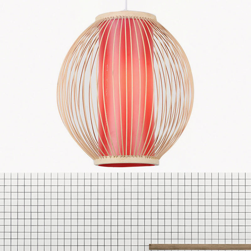 Global Kitchen Hanging Light Fixture Bamboo 1 Light Chinese Style Suspension Lamp with Inner Red Cylinder Shade Clearhalo 'Ceiling Lights' 'Modern Pendants' 'Modern' 'Pendant Lights' 'Pendants' Lighting' 244356