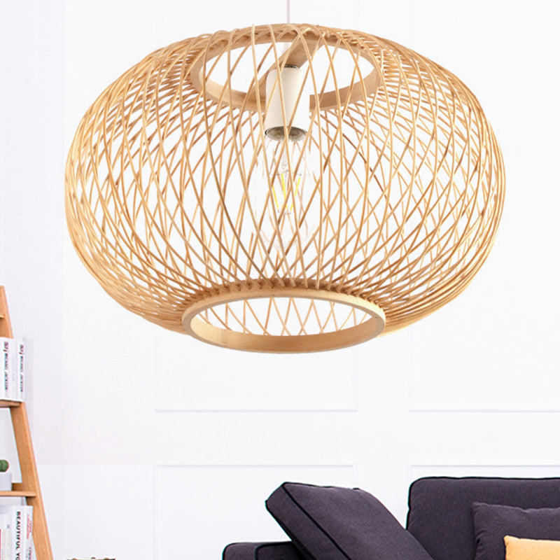 Bamboo Rounded Drum Pendant Lighting Asian Style 1 Bulb Hanging Lamp for Living Room, 16"/19.5" Wide Beige Clearhalo 'Ceiling Lights' 'Pendant Lights' 'Pendants' Lighting' 244396_28414399-5c1e-4735-9d99-023eacb55862