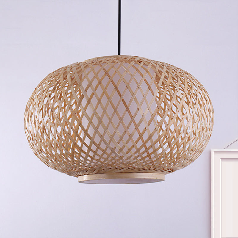 Curved Drum Restaurant Ceiling Fixture Bamboo 1 Light Asian Style Pendant Lighting with Cross Woven Design in Beige Clearhalo 'Ceiling Lights' 'Pendant Lights' 'Pendants' Lighting' 244398