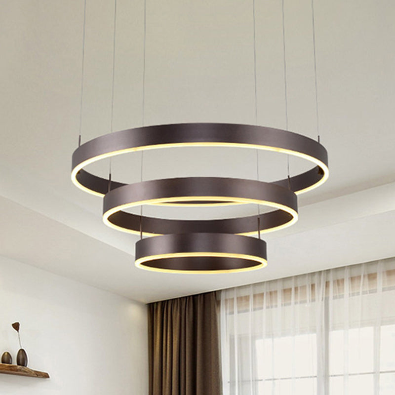 Modern 1/2/3-Light Suspension Pendant with Acrylic Shade Coffee Ring Chandelier Light in Warm/White Light 3 Coffee Clearhalo 'Ceiling Lights' 'Chandeliers' 'Modern Chandeliers' 'Modern' Lighting' 244404