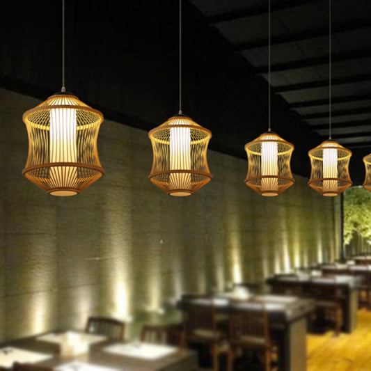 1 Head Restaurant Ceiling Lamp with Cylinder Bamboo Shade Asian Style Beige Hanging Light Fixture Clearhalo 'Ceiling Lights' 'Pendant Lights' 'Pendants' Lighting' 244452