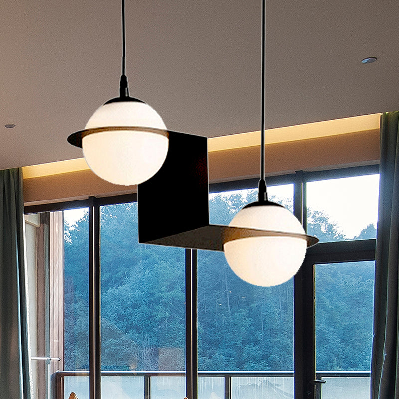 Ball White Glass Cluster Pendant with Straight/Curved Design Modernist 2/3 Lights Black Led Hanging Lamp 2 Black Curved Clearhalo 'Ceiling Lights' 'Glass shade' 'Glass' 'Modern Pendants' 'Modern' 'Pendant Lights' 'Pendants' Lighting' 244464