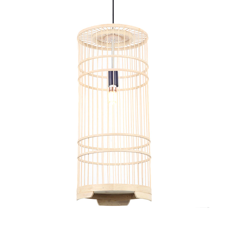 Cylindrical Shade Hanging Light Asian Style Bamboo 1-Bulb Beige Pendant Lamp for Dining Room Clearhalo 'Ceiling Lights' 'Pendant Lights' 'Pendants' Lighting' 244477