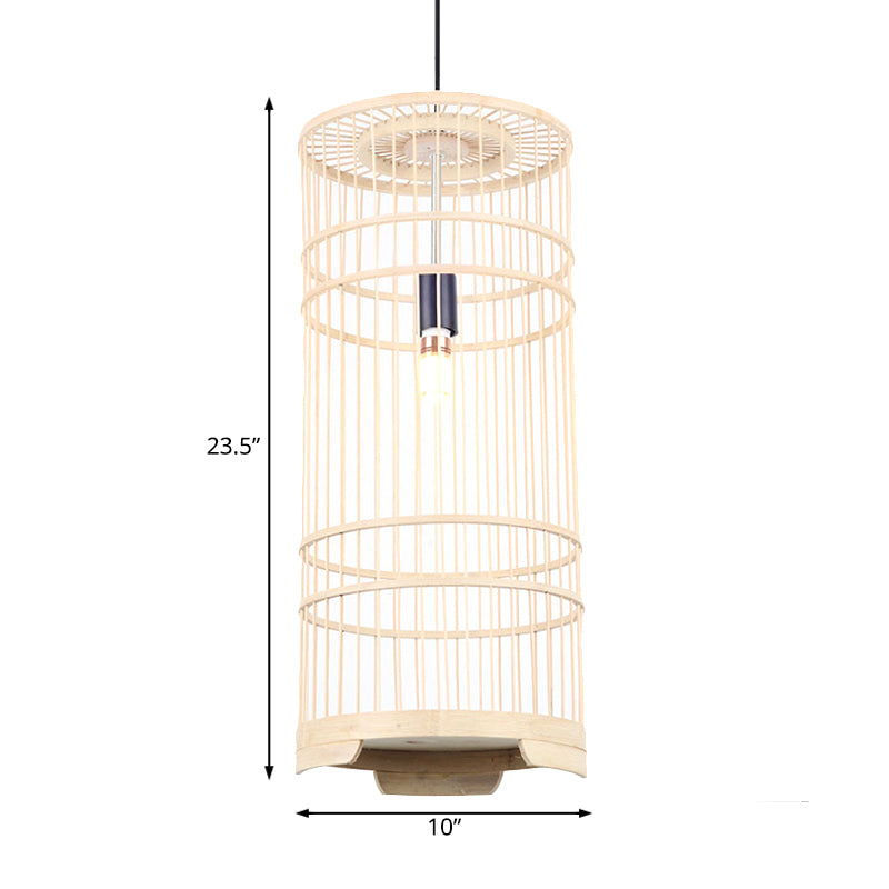 Cylindrical Shade Hanging Light Asian Style Bamboo 1-Bulb Beige Pendant Lamp for Dining Room Clearhalo 'Ceiling Lights' 'Pendant Lights' 'Pendants' Lighting' 244478