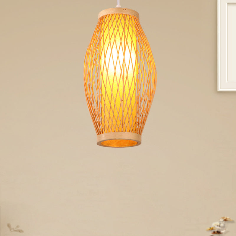 Beige Cross Woven Pendant Hanging Light with Oval Shade Modern 1 Head Bamboo Pendant Lamp, 6"/9" Width Clearhalo 'Ceiling Lights' 'Pendant Lights' 'Pendants' Lighting' 244498