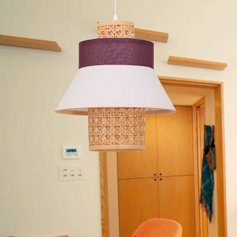 Hand-Worked Hanging Light Asian Style Green/Purple Fabric 1 Light Bedroom Pendant Lamp with Bamboo Interior Shade Clearhalo 'Ceiling Lights' 'Pendant Lights' 'Pendants' Lighting' 244513