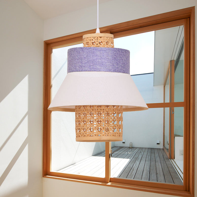 Hand-Worked Hanging Light Asian Style Green/Purple Fabric 1 Light Bedroom Pendant Lamp with Bamboo Interior Shade Clearhalo 'Ceiling Lights' 'Pendant Lights' 'Pendants' Lighting' 244515