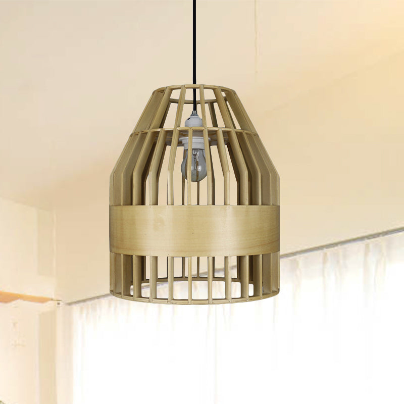 Japanese Bird Cage Pendant Light Fixture Wooden 1 Light Restaurant Hanging Ceiling Light in Yellow Clearhalo 'Ceiling Lights' 'Pendant Lights' 'Pendants' Lighting' 244533