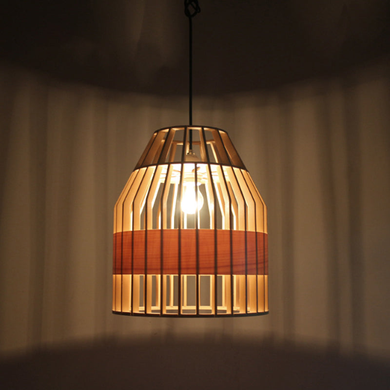 Japanese Bird Cage Pendant Light Fixture Wooden 1 Light Restaurant Hanging Ceiling Light in Yellow Clearhalo 'Ceiling Lights' 'Pendant Lights' 'Pendants' Lighting' 244534