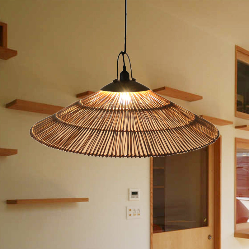 Asian Single Bulb Pendant Lamp with Hand-Woven Rattan Brown Tapered Hanging Light for Restaurant Living Room Clearhalo 'Ceiling Lights' 'Pendant Lights' 'Pendants' Lighting' 244544