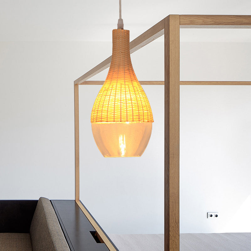 6"/10" Wide Teardrop/Onion Bamboo Hanging Pendant Modern Single Light Yellow Suspension Lamp with Clear Glass Shade Yellow 6" Clearhalo 'Ceiling Lights' 'Modern Pendants' 'Modern' 'Pendant Lights' 'Pendants' Lighting' 244554