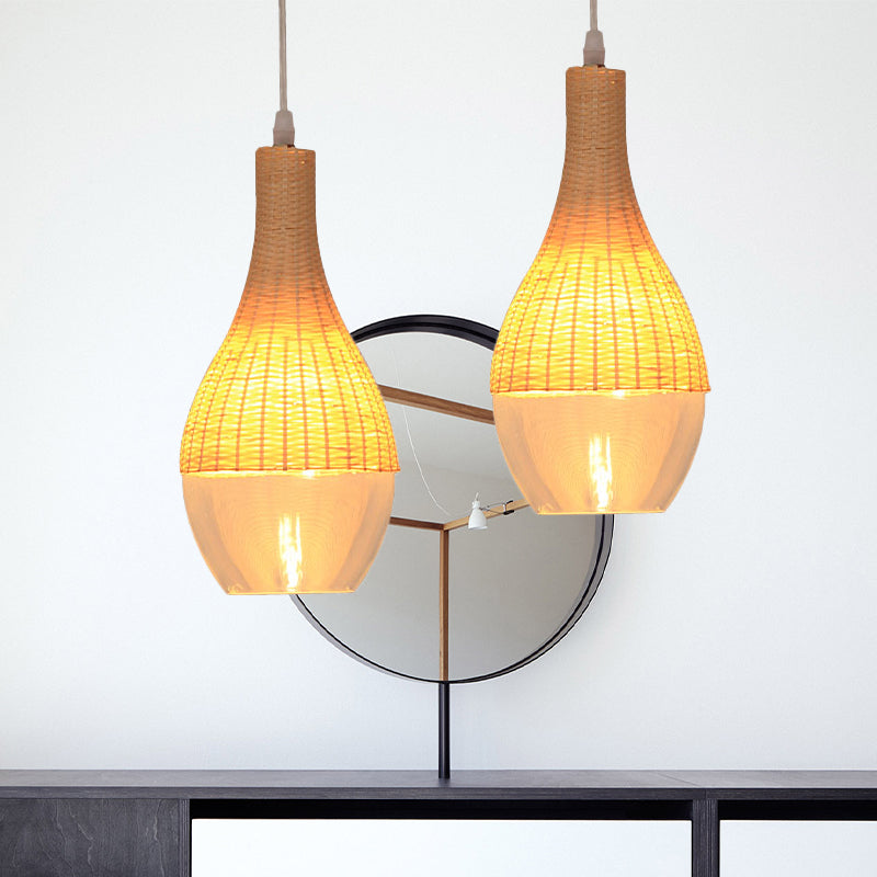 6"/10" Wide Teardrop/Onion Bamboo Hanging Pendant Modern Single Light Yellow Suspension Lamp with Clear Glass Shade Clearhalo 'Ceiling Lights' 'Modern Pendants' 'Modern' 'Pendant Lights' 'Pendants' Lighting' 244555