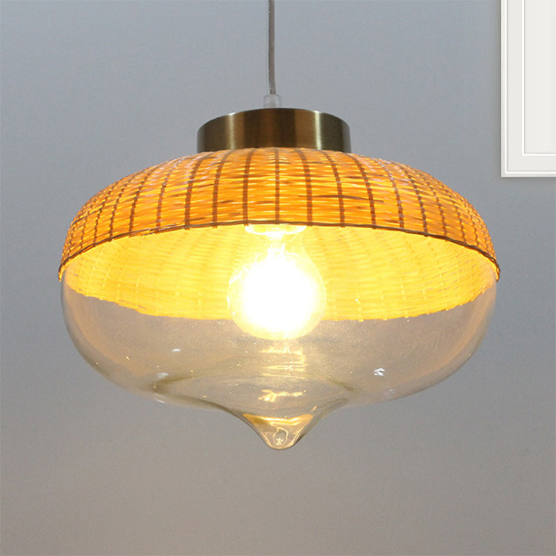 6"/10" Wide Teardrop/Onion Bamboo Hanging Pendant Modern Single Light Yellow Suspension Lamp with Clear Glass Shade Yellow 10" Clearhalo 'Ceiling Lights' 'Modern Pendants' 'Modern' 'Pendant Lights' 'Pendants' Lighting' 244556