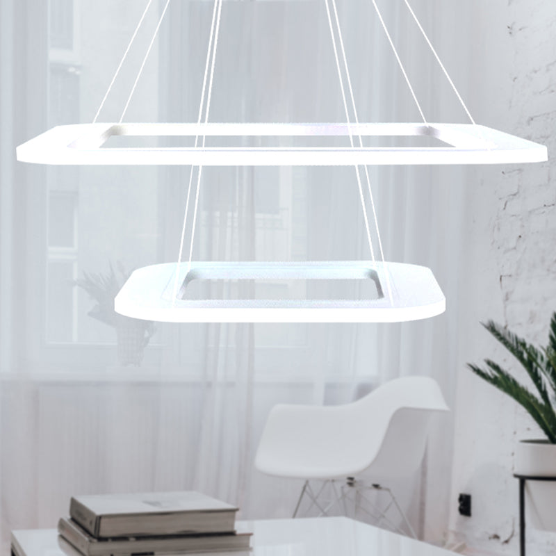 Simplicity Square LED Chandelier Light Acrylic 1/2/3 Light Office Ceiling Pendant in Warm/White/Natural Light 2 White Clearhalo 'Ceiling Lights' 'Chandeliers' 'Modern Chandeliers' 'Modern' Lighting' 244613