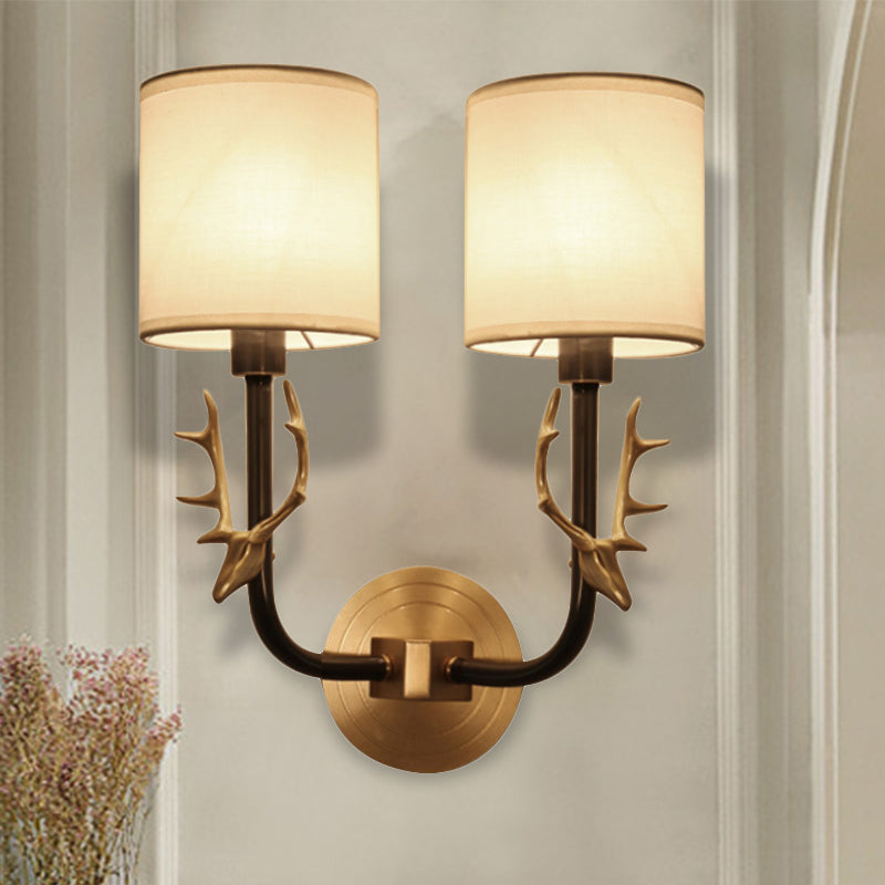 Modernism 1/2 Lights Wall Sconce with Fabric Shade Black/Gold Cylinder Wall Mount Light Fixture with Metal Antler 2.0 Black Clearhalo 'Cast Iron' 'Glass' 'Industrial' 'Modern wall lights' 'Modern' 'Tiffany' 'Traditional wall lights' 'Wall Lamps & Sconces' 'Wall Lights' Lighting' 244687