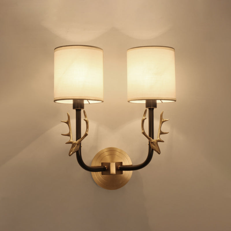 Modernism 1/2 Lights Wall Sconce with Fabric Shade Black/Gold Cylinder Wall Mount Light Fixture with Metal Antler Clearhalo 'Cast Iron' 'Glass' 'Industrial' 'Modern wall lights' 'Modern' 'Tiffany' 'Traditional wall lights' 'Wall Lamps & Sconces' 'Wall Lights' Lighting' 244688