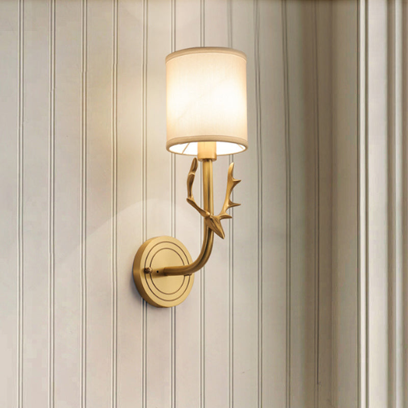 Modernism 1/2 Lights Wall Sconce with Fabric Shade Black/Gold Cylinder Wall Mount Light Fixture with Metal Antler Clearhalo 'Cast Iron' 'Glass' 'Industrial' 'Modern wall lights' 'Modern' 'Tiffany' 'Traditional wall lights' 'Wall Lamps & Sconces' 'Wall Lights' Lighting' 244690