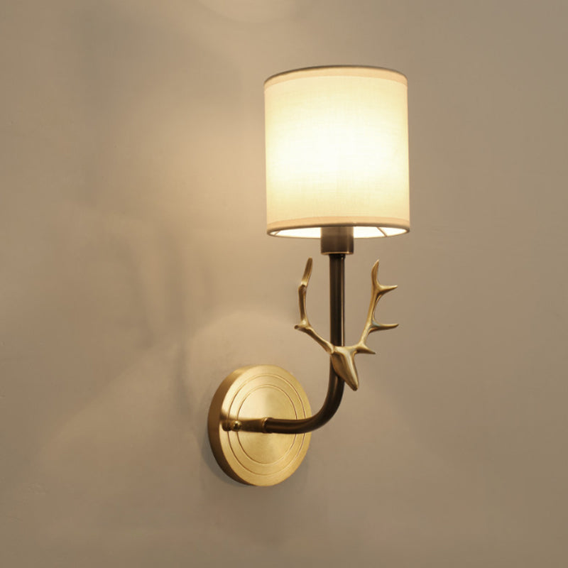 Modernism 1/2 Lights Wall Sconce with Fabric Shade Black/Gold Cylinder Wall Mount Light Fixture with Metal Antler 1.0 Black Clearhalo 'Cast Iron' 'Glass' 'Industrial' 'Modern wall lights' 'Modern' 'Tiffany' 'Traditional wall lights' 'Wall Lamps & Sconces' 'Wall Lights' Lighting' 244691