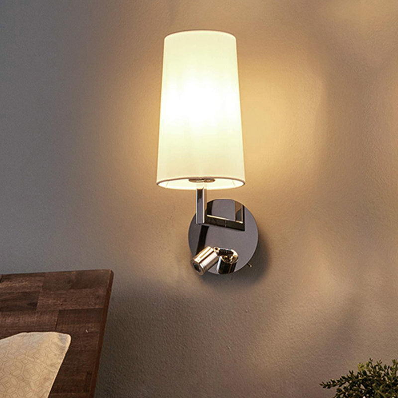 LED Tapered Wall Mounted Lighting Modernism Fabric Sconce Light in Chrome with Round/Rectangle Canopy Clearhalo 'Modern wall lights' 'Modern' 'Wall Lamps & Sconces' 'Wall Lights' Lighting' 244711