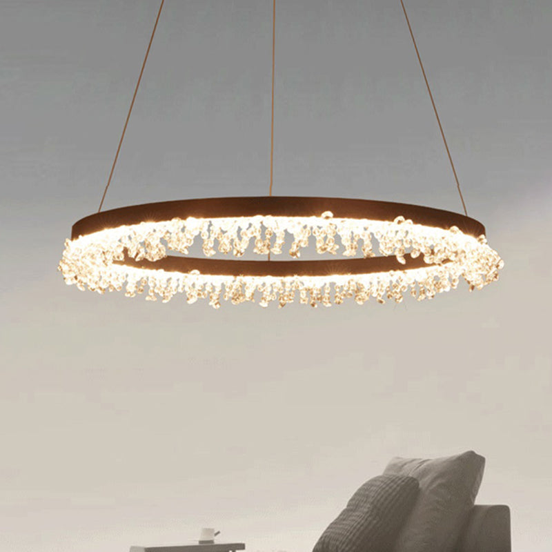 Brown Round Chandelier Light Contemporary Crystal LED Hanging Lamp in Natural Light for Bedroom, 16"/23.5"/31.5" Wide Brown Clearhalo 'Ceiling Lights' 'Chandeliers' 'Modern Chandeliers' 'Modern' Lighting' 244727