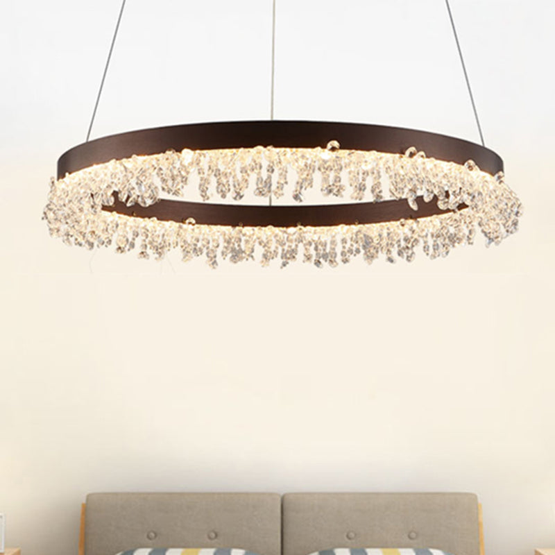 Brown Round Chandelier Light Contemporary Crystal LED Hanging Lamp in Natural Light for Bedroom, 16"/23.5"/31.5" Wide Clearhalo 'Ceiling Lights' 'Chandeliers' 'Modern Chandeliers' 'Modern' Lighting' 244728