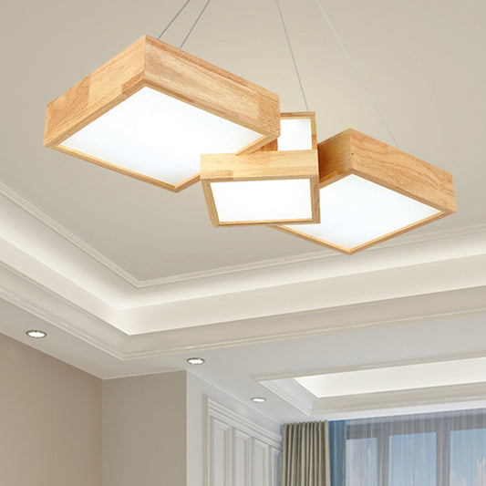 Modern Rhombus/Square LED Chandelier Pendant Wooden 3-Light Bedroom Ceiling Lamp in Warm/White Clearhalo 'Ceiling Lights' 'Chandeliers' Lighting' options 244742
