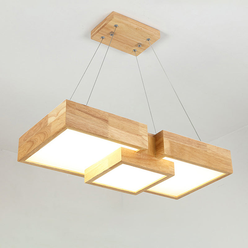 Modern Rhombus/Square LED Chandelier Pendant Wooden 3-Light Bedroom Ceiling Lamp in Warm/White Wood White Square Clearhalo 'Ceiling Lights' 'Chandeliers' Lighting' options 244743_865cd62e-8244-48c2-a80e-61332c705dd7