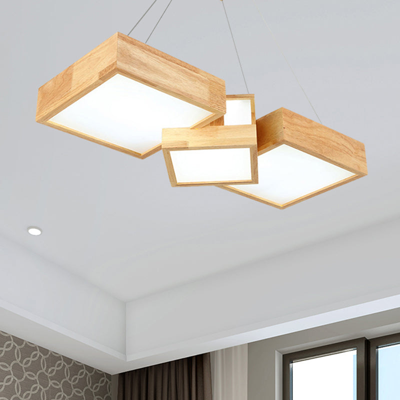 Modern Rhombus/Square LED Chandelier Pendant Wooden 3-Light Bedroom Ceiling Lamp in Warm/White Clearhalo 'Ceiling Lights' 'Chandeliers' Lighting' options 244744