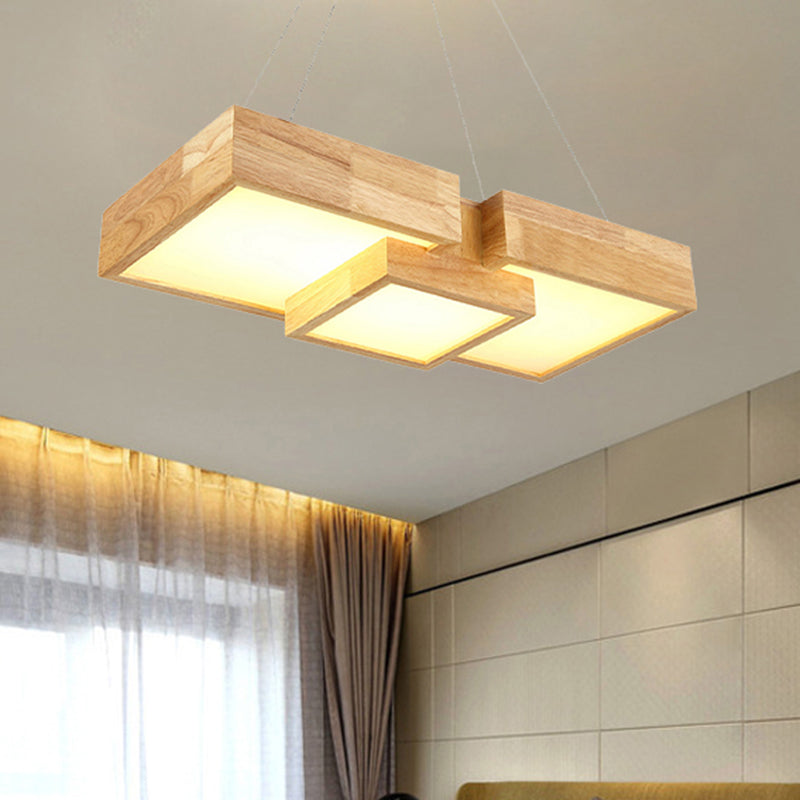 Modern Rhombus/Square LED Chandelier Pendant Wooden 3-Light Bedroom Ceiling Lamp in Warm/White Wood Warm Square Clearhalo 'Ceiling Lights' 'Chandeliers' Lighting' options 244745_dd3dc2d7-b5a1-4076-b35b-cee2e8098e81