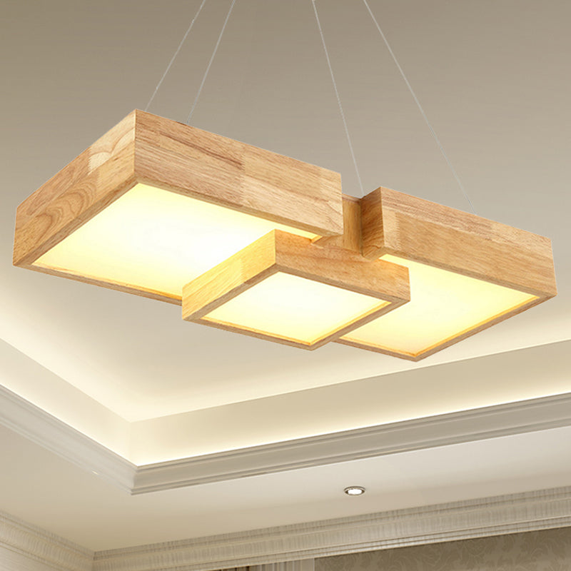 Modern Rhombus/Square LED Chandelier Pendant Wooden 3-Light Bedroom Ceiling Lamp in Warm/White Clearhalo 'Ceiling Lights' 'Chandeliers' Lighting' options 244746