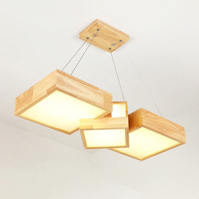 Modern Rhombus/Square LED Chandelier Pendant Wooden 3-Light Bedroom Ceiling Lamp in Warm/White Clearhalo 'Ceiling Lights' 'Chandeliers' Lighting' options 244747