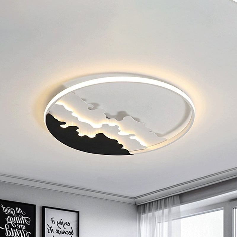 16"/19.5"/23.5" Dia LED Bedroom Flush Light with Etch Acrylic Shade White/Black Ceiling Mounted Lamp in Warm/White Light Black Warm Clearhalo 'Ceiling Lights' 'Close To Ceiling Lights' 'Close to ceiling' 'Flush mount' Lighting' 244887