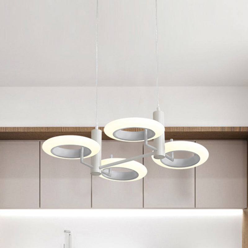 Black/White/Brown Donut Hanging Lamp Kit Modern 3/4-Head Acrylic Chandelier Pendant in Warm/White Light 4 White Warm Clearhalo 'Ceiling Lights' 'Chandeliers' 'Modern Chandeliers' 'Modern' Lighting' 245012