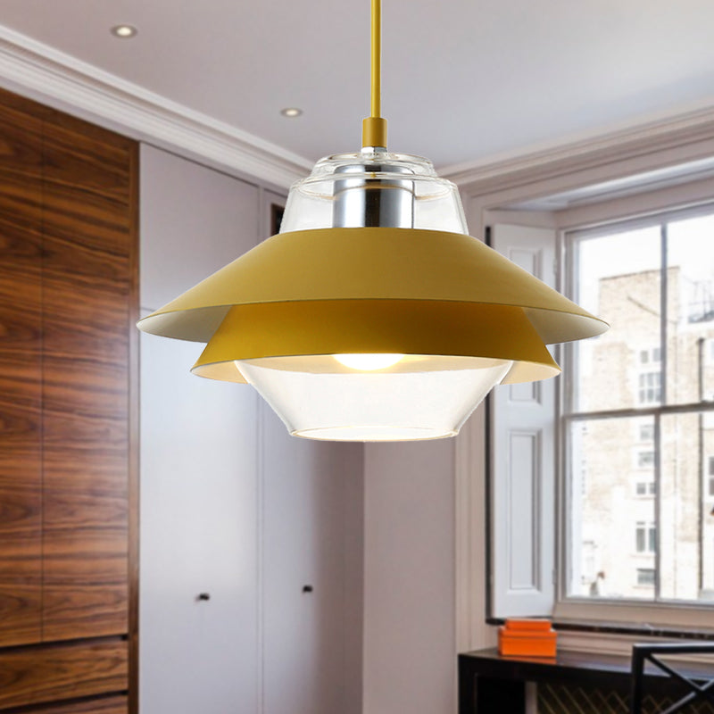 Gray/Yellow Flared Hanging Pendant Light Macaron Stylish 1 Light Metal Hanging Lamp with Inner Clear Glass Shade Yellow Clearhalo 'Ceiling Lights' 'Modern Pendants' 'Modern' 'Pendant Lights' 'Pendants' Lighting' 245025