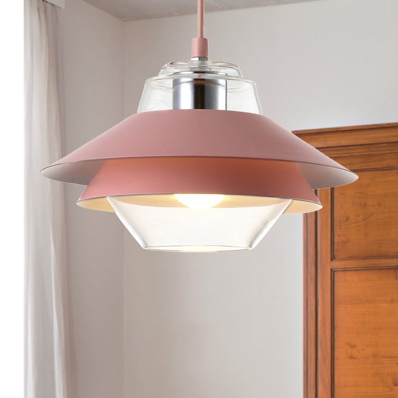 Gray/Yellow Flared Hanging Pendant Light Macaron Stylish 1 Light Metal Hanging Lamp with Inner Clear Glass Shade Pink Clearhalo 'Ceiling Lights' 'Modern Pendants' 'Modern' 'Pendant Lights' 'Pendants' Lighting' 245029