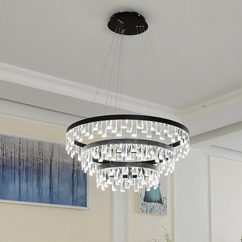 Round Crystal Chandelier Contemporary 1/2/3-Light Black LED Pendant Light Fixture for Restaurant Clearhalo 'Ceiling Lights' 'Chandeliers' 'Modern Chandeliers' 'Modern' Lighting' 245051