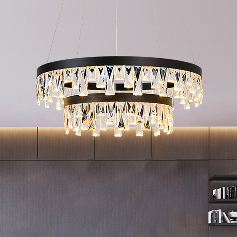 Round Crystal Chandelier Contemporary 1/2/3-Light Black LED Pendant Light Fixture for Restaurant 2 Black Clearhalo 'Ceiling Lights' 'Chandeliers' 'Modern Chandeliers' 'Modern' Lighting' 245052